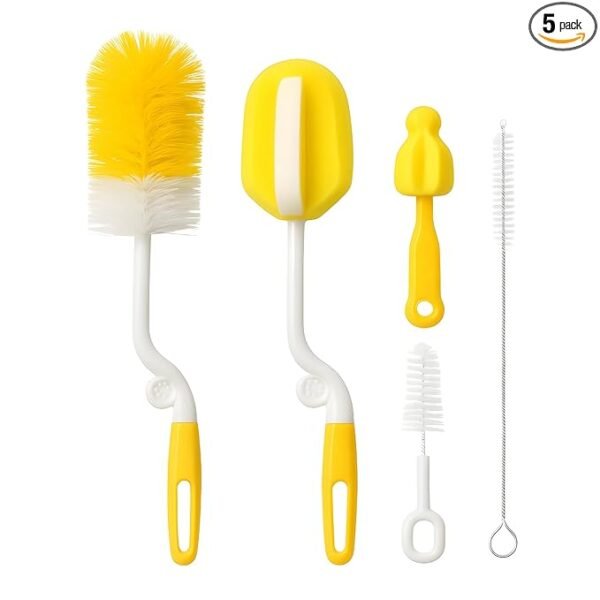 5-Piece Baby Bottle Cleaner Set: Includes Nipple & Straw Cleaning Brushes, Sponge, and Nylon Bristles for Safely and Thoroughly Cleaning Baby Bottles, Nipples and Straws (Yellow 5-in-1 Kit)