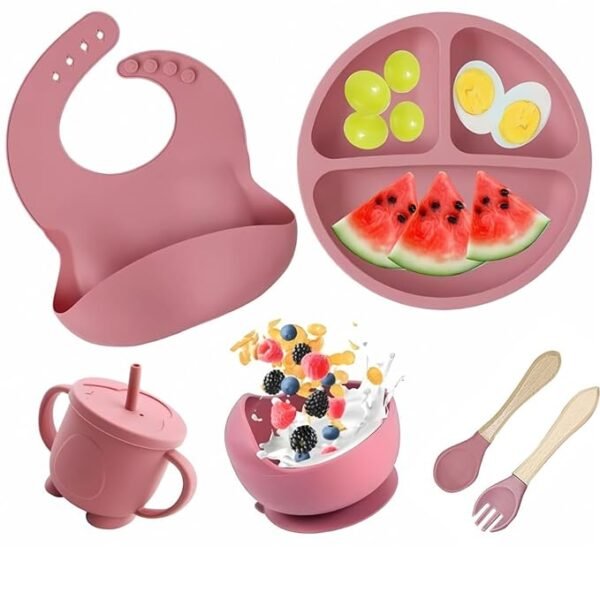 6PCS Silicone Baby Feeding Set – Suction Plate, Bowl, Bib, Spoon, Fork, Cup – BPA-Free, Non-Toxic, Microwave & Dishwasher Safe for Toddlers 6+ Months (Pink)