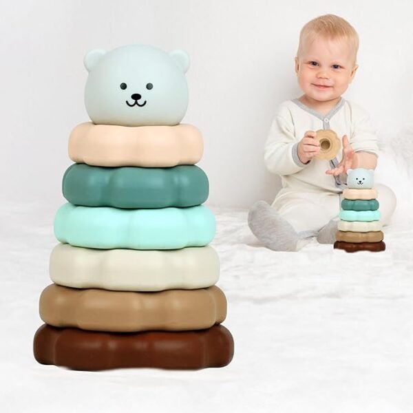BebyBear Orapple Teddy Stacker Stacking Rings Toy Sorting Tower Game Smooth Rounded Edges BPA Free Educational Interactive Learning Toys for Kids Baby Girls Boys
